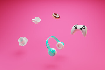 3d image of headphones in bright colors with a cup of espresso and a gamepad with a donut

