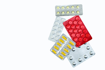 pharmaceuticals pills, tablet and capsules medicine on white background. Copy space for text.