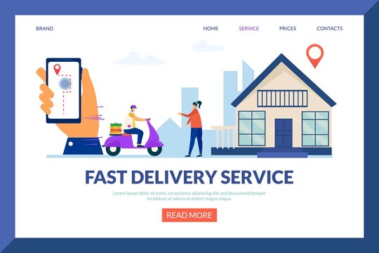 Fast delivery service, courier man on scooter, vector illustration. Male character deliver order to woman customer, box shipping, landing banner.