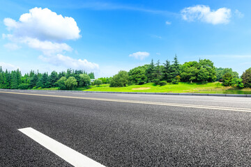 Asphalt road and green trees in spring season.