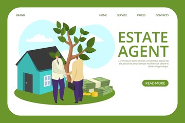 Real estate agent near house concept, landing banner, vector illustration. Man people character handshake near new home, residential building
