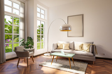 retro vintage style living room with grey two seated couch, large floor lamp and white illuminated canvas; large windows with garden view; 3D Illustration;