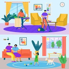 Family at home, vector illustration. Man woman people character clean room, happy mother father and kid rest together, concept set.