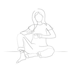 Young woman sitting on the floor with tea or coffee cup, cute vector hand drawn doodle. Stay Home, work in home. Freelance. Online studied.