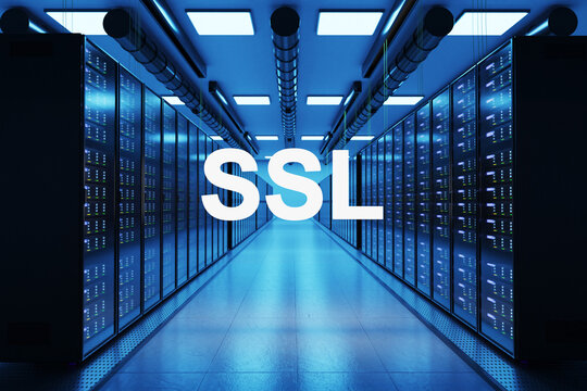 ssl logo in large modern data center with multiple rows of network internet server racks, 3D Illustration