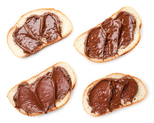 Set of sandwiches with chocolate paste on a white background, isolated. Top view