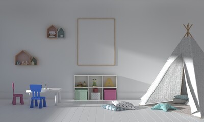 Kids Room, Play house, kids furniture with toy and frame mockup