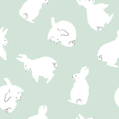 Seamless Pattern White Rabbits Blue Background Design Vector Illustration