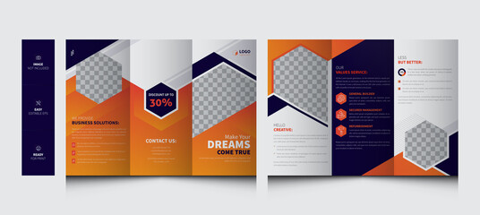 Tri-Fold Brochure Template. Marketing Fold Brochure. Corporate Agency Three Fold  Flyer, Poster, Brochure. Editable A4 Trifold Brochure Design - obrazy, fototapety, plakaty