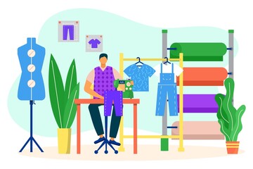 Man fashion designer sewing in atelier, vector illustration. Clothing job with textile, tailor dressmaker sew fabric at flat workshop.