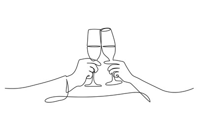 Two hands cheering with glasses of wine champagne One line © Valenty