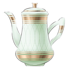 Digitally drawn illustration in cartoon style of vintage porcelain green teapot decorated with golden elements on white background for graphic or web design
