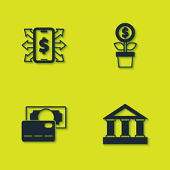 Set Smartphone with dollar, Bank building, Credit card and Dollar plant icon. Vector