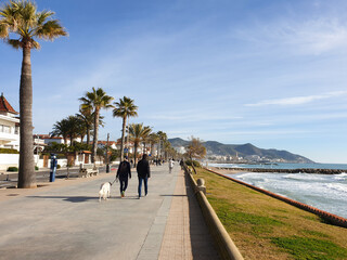 Promenade of Sitges, dog walker in coastline in Costa Dorada, Spain