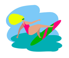 Obraz na płótnie Canvas Happy woman stands on a surfboard. Cartoon. Vector illustration.