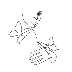 butterfly Surreal Faces Continuous line, drawing of set faces and hairstyle, fashion concept, woman beauty minimalist, vector illustration pretty sexy. Contemporary portrait