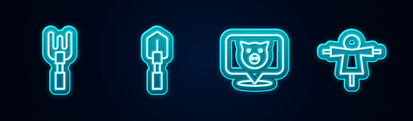 Set line Garden rake, Shovel, Pig and Scarecrow. Glowing neon icon. Vector