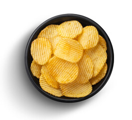 Ridged potato chips isolated on white background, top view