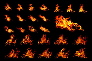 Feuerflammen auf schwarzem Hintergrund. Bild der Flammentextur des Feuers und des brennenden Feuers für dekorativen Spezialeffekt.