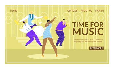 Time for music, people musician at concert, landing banner, vector illustration. Man woman people character play jazz at music instrument