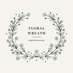 Wildflower laurel wreath, Hand-drawn wild flower floral wreath, Floral monogram. Vector illustration