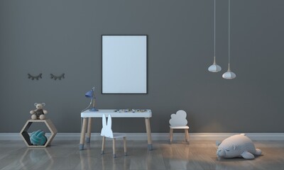 Kids Room, Play house, kids furniture with toy and frame mockup