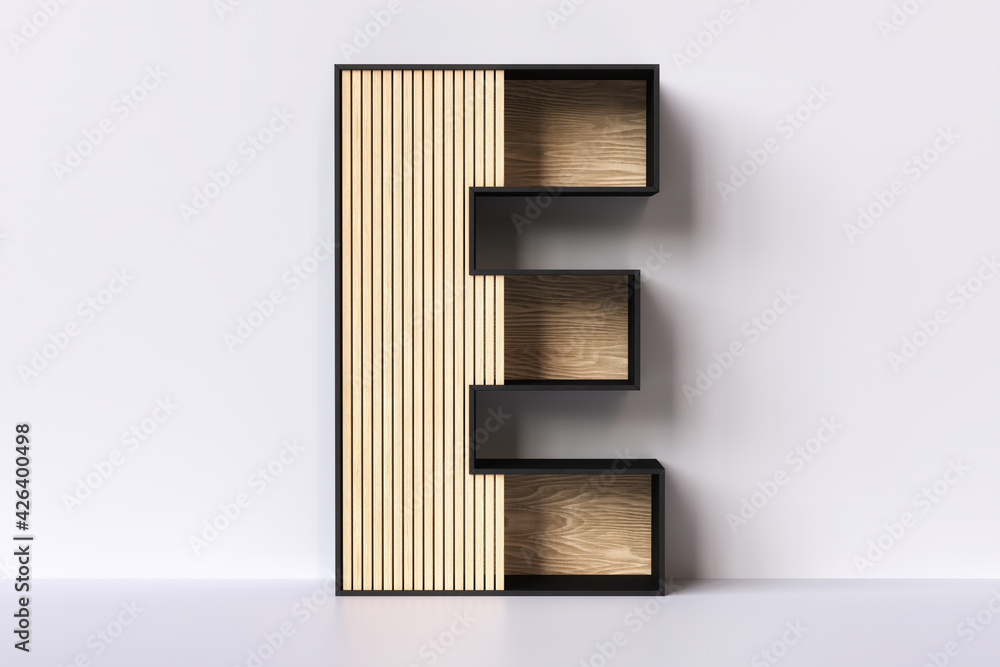 Aufkleber shelving 3d in the shape of a letter e made of wood. ideal for displaying decorative products. 3d re