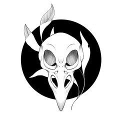 Bird skull with leaves. Black and white illustration