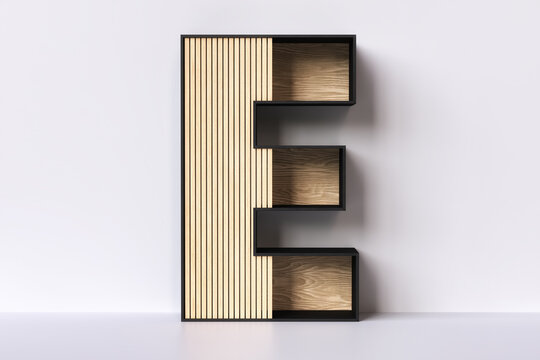 Shelving 3d in the shape of a letter E made of wood. Ideal for displaying decorative products. 3D rendering.