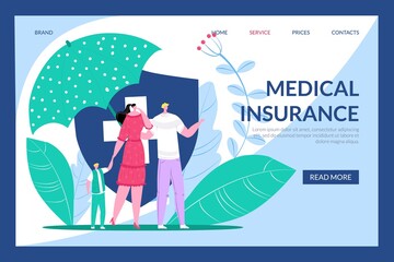 Medical insurance, health care, protection for flat family, web page concept, vector illustration. Man woman character look for medicine protect