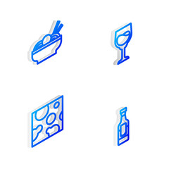 Obraz premium Set Isometric line Wine glass, Asian noodles bowl, Cheese and bottle icon. Vector