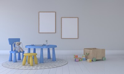 Kids Room, Play house, kids furniture with toy and frame mockup