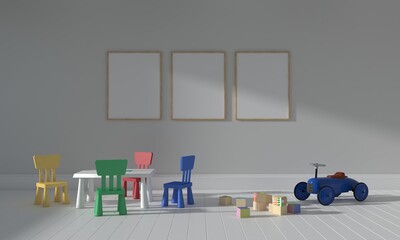 Kids Room, Play house, kids furniture with toy and frame mockup