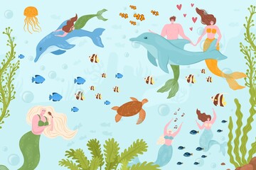 Mermaid man woman character at sea, underwater ocean life, vector illustration. Cartoon mythical girl guy person in blue water with fish animal.