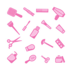 Set of cosmetics and accessories isolated on a white background. Pink icons in flat style. Stock vector illustration.