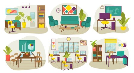 Office room decor design with modern furniture, vector illustration. Flat interior set with chair, table, sofa, lamp in apartment.
