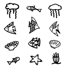 Set of cartoon fish, coral, starfish, anemone and jellyfish. Isolated objects on white background. Inhabitants of the underwater world for game, app, banner, swimming pool, print, kids and stickers.