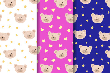 set of three Seamless pattern of A funny bear Face and gold stars and hearts. Children s Wallpaper Vector illustration.