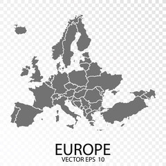Transparent - High Detailed Grey Map of Europe. Vector Eps 10.