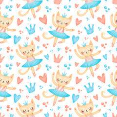 Cute cartoon ballet seamless pattern. Cat ballerina pattern. © Bonbonny