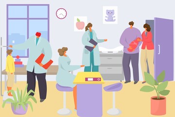 Professional pediatrician doctor in hospital, vector illustration. Medical help for family man woman kid character in special clinic.