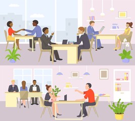 Interview for business job in office, vector illustration. Man woman character at work meeting, conversation with recruitment cartoon worker.