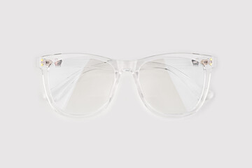 Eye glass on white background. Transparent frame for glasses. Glasses for sight.