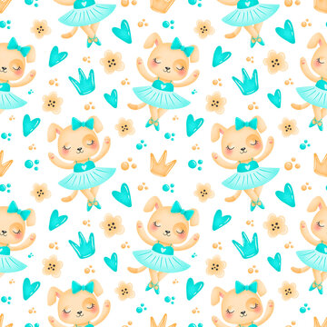 Cute cartoon ballet seamless pattern. Dog ballerina pattern.