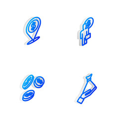 Set Isometric line Business man planning mind, Cash location, Coin money with dollar and Money hand icon. Vector