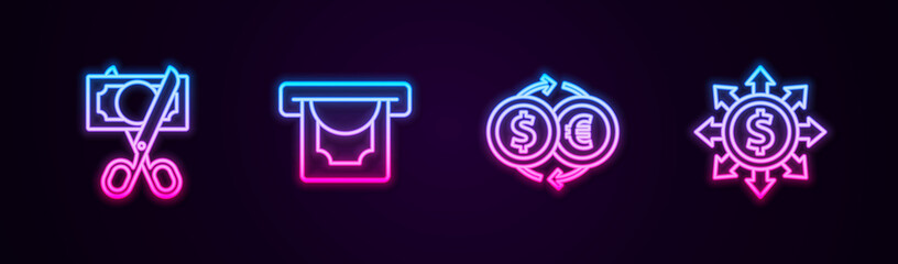 Fototapeta na wymiar Set line Scissors cutting money, ATM and, Money exchange and Dollar, share, network. Glowing neon icon. Vector
