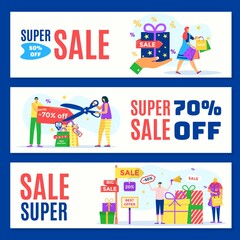 Super sale, discount banner ser, vector illustration. Man woman people character make retail purchase at store, promotion flyer. Season advertising