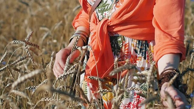 Attractive woman aged boho style.Portrait of blonde hippie near tree on a sunny day. Woman in boho style on the background of a wheat field
