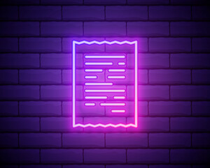 Glowing neon line Paper check and financial check icon isolated on brick wall background. Paper print check, shop receipt or bill. Colorful outline concept. Vector