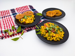 Delicious Indian delicacy Poha Jalebi famous in Madhya Pradesh, Isolated on a white background